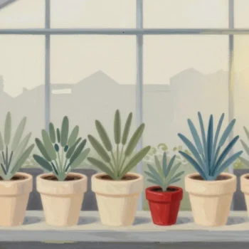 Gouache painting of a shelf of cream pots with plants and one differently shaped vermilion pot