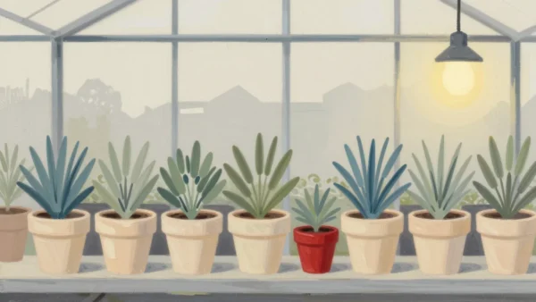 Gouache painting of a shelf of cream pots with plants and one differently shaped vermilion pot