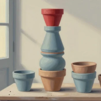 Gouache painting of a tower of nested clay flower pots on a potting bench with a vermilion pot on top