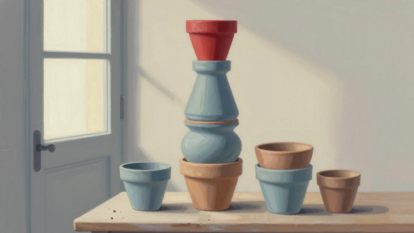 Gouache painting of a tower of nested clay flower pots on a potting bench with a vermilion pot on top