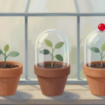 Gouache painting of three seedling pots on a greenhouse bench, one quietly covered by a glass cloche with a vermilion rim