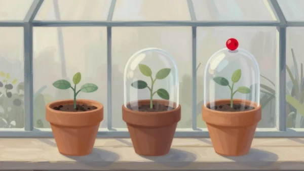 Gouache painting of three seedling pots on a greenhouse bench, one quietly covered by a glass cloche with a vermilion rim