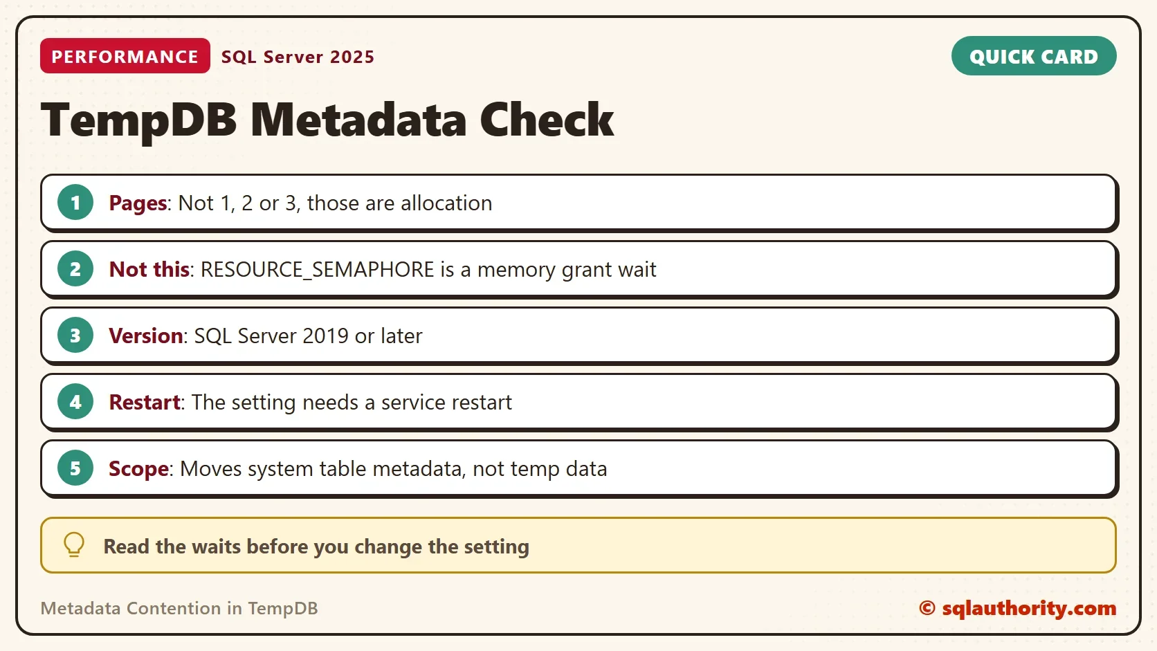 Quick card titled TempDB Metadata Check: Pages: Not 1, 2 or 3, those are allocation. Not this: RESOURCE_SEMAPHORE is a memory grant wait. Version: SQL Server 2019 or later. Restart: The setting needs a service restart. Scope: Moves system table metadata, not temp data. Read the waits before you change the setting.