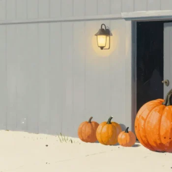 Gouache painting of a large orange pumpkin beside a barn door with smaller pumpkins nearby