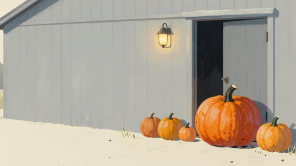 Gouache painting of a large orange pumpkin beside a barn door with smaller pumpkins nearby