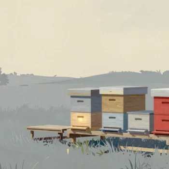 Gouache painting of wooden beehives on a new platform beside an empty old one, one hive vermilion