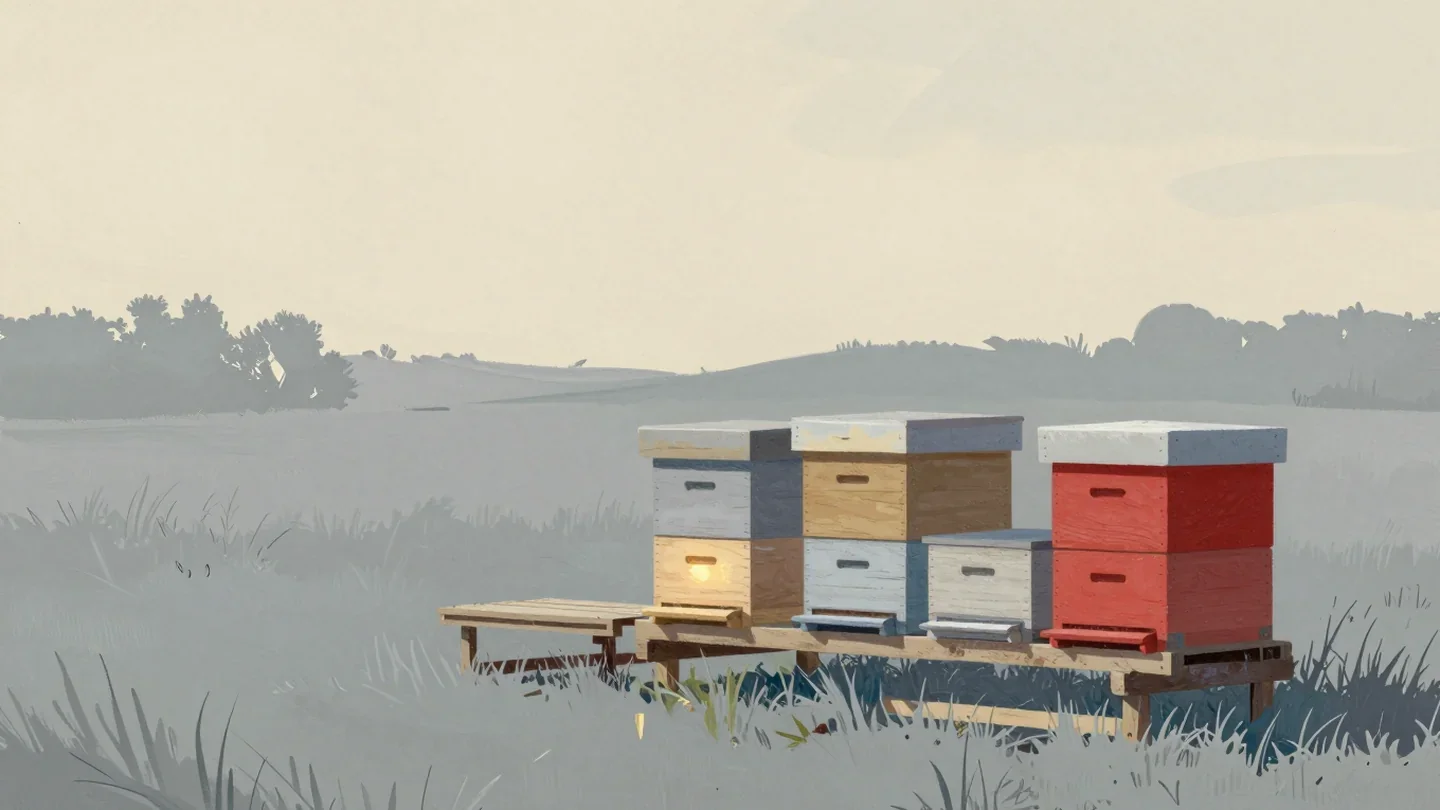 Gouache painting of wooden beehives on a new platform beside an empty old one, one hive vermilion