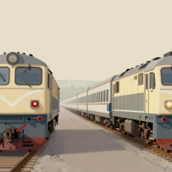 Gouache painting of two identical locomotives on parallel tracks with a vermilion switch lever moving one to a new line