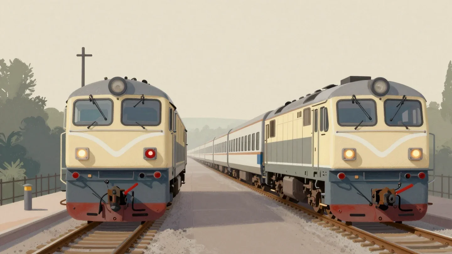Gouache painting of two identical locomotives on parallel tracks with a vermilion switch lever moving one to a new line
