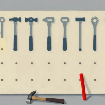 Gouache painting of a workshop pegboard of tool outlines with one empty outline and a red hammer on the floor