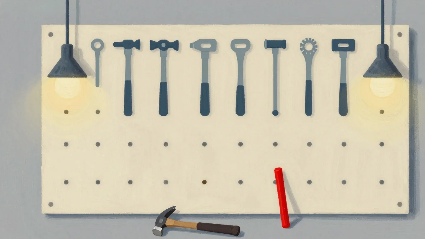Gouache painting of a workshop pegboard of tool outlines with one empty outline and a red hammer on the floor