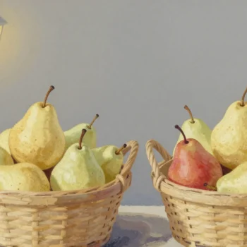 Gouache painting of two matching baskets of sage pears on a market stall, one holding a single vermilion pear