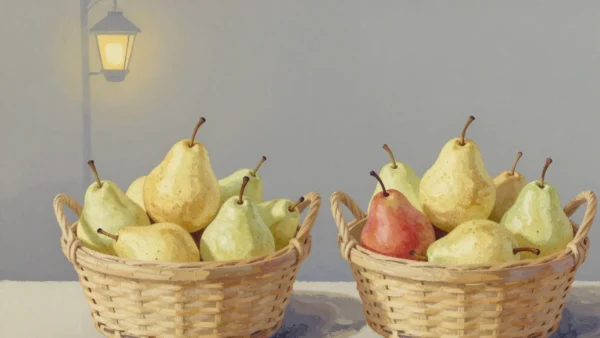 Gouache painting of two matching baskets of sage pears on a market stall, one holding a single vermilion pear
