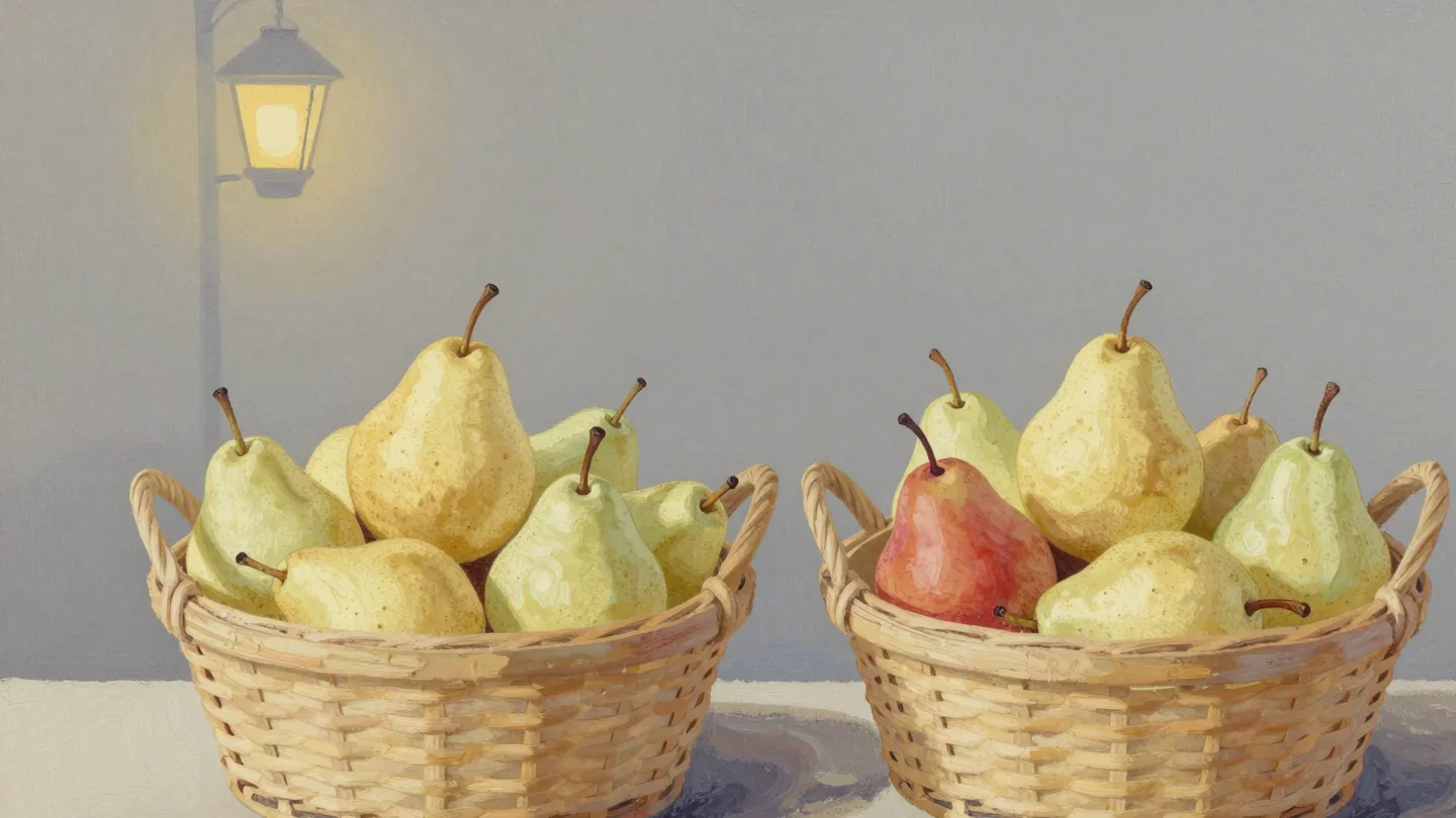 Gouache painting of two matching baskets of sage pears on a market stall, one holding a single vermilion pear