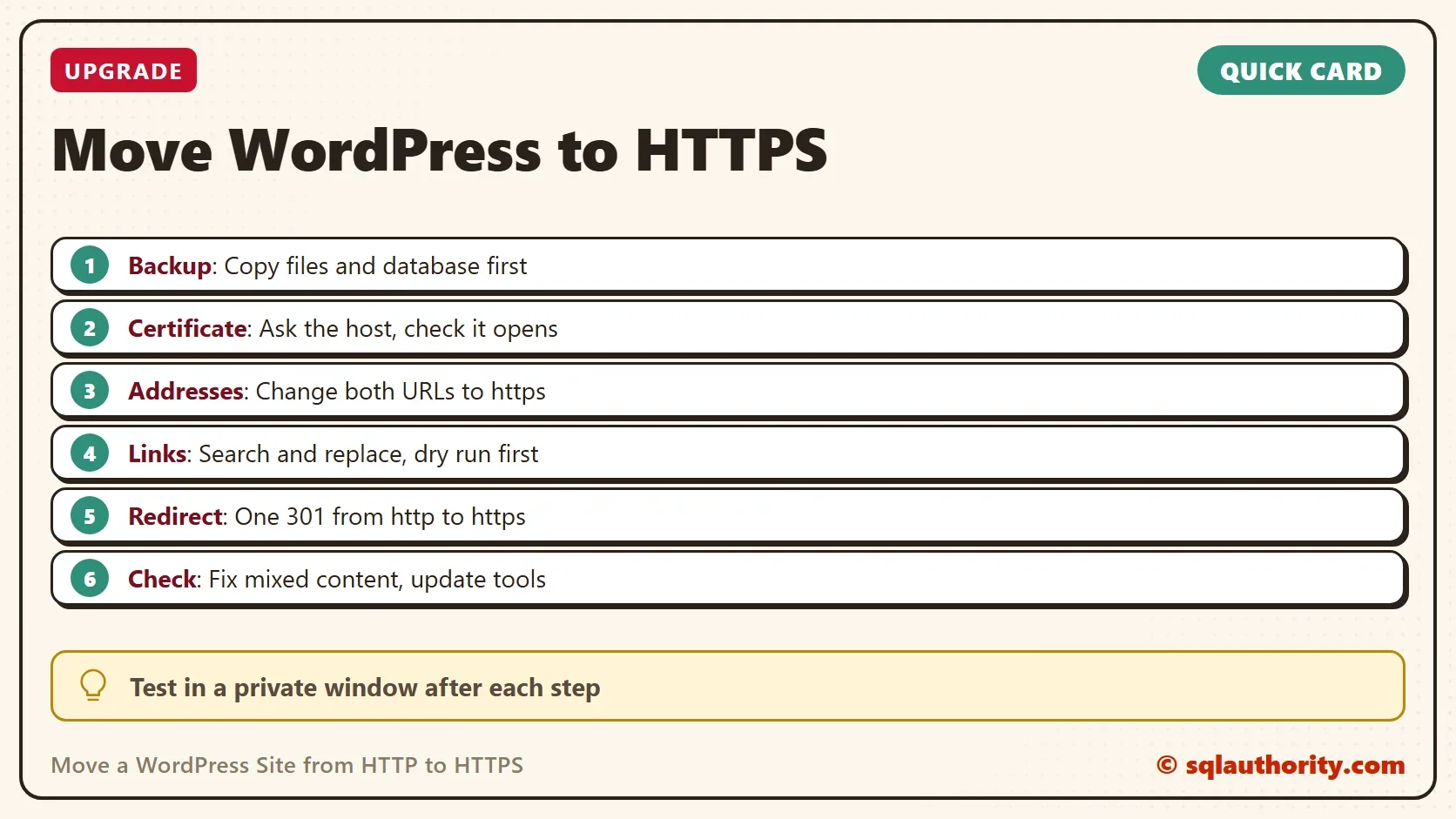Quick card titled Move WordPress to HTTPS: Backup: Copy files and database first; Certificate: Ask the host, check it opens; Addresses: Change both URLs to https; Links: Search and replace, dry run first; Redirect: One 301 from http to https; Check: Fix mixed content, update tools. Tip: Test in a private window after each step.