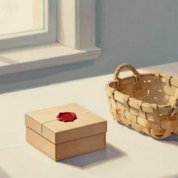 Gouache painting of a closed wooden box with a red wax seal beside an open basket on a wrapping table