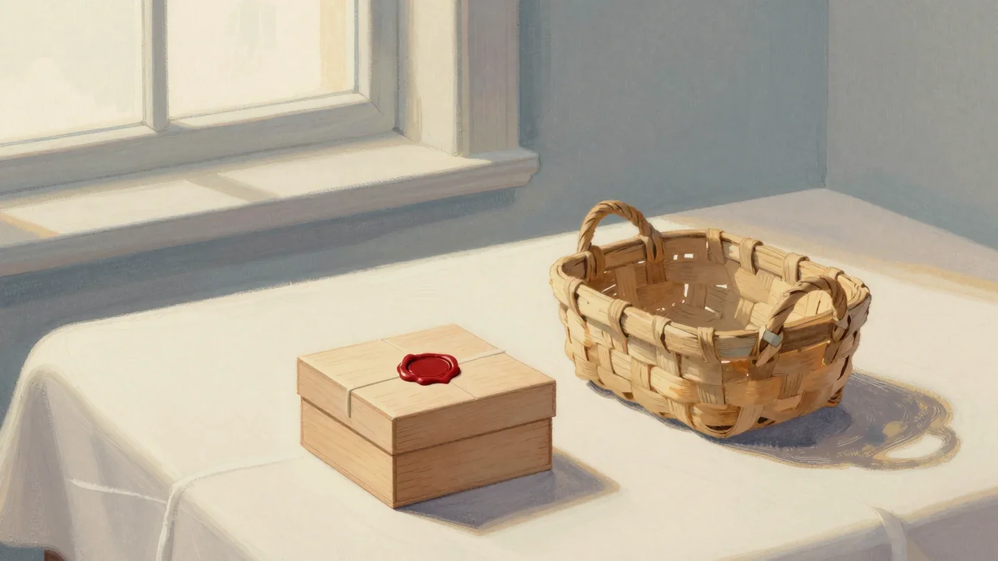 Gouache painting of a closed wooden box with a red wax seal beside an open basket on a wrapping table