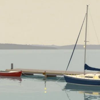 Gouache painting of many sailboats at a new dock while one vermilion boat remains at the old dock