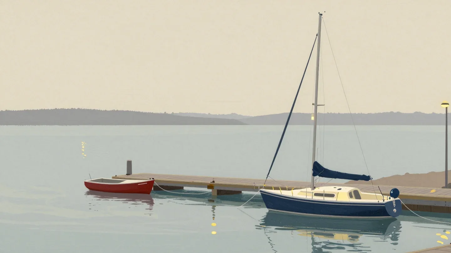 Gouache painting of many sailboats at a new dock while one vermilion boat remains at the old dock