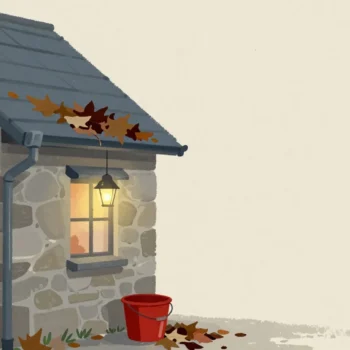 Gouache painting of a leaf-clogged gutter on a stone cottage with a red bucket on the ground catching cleared leaves