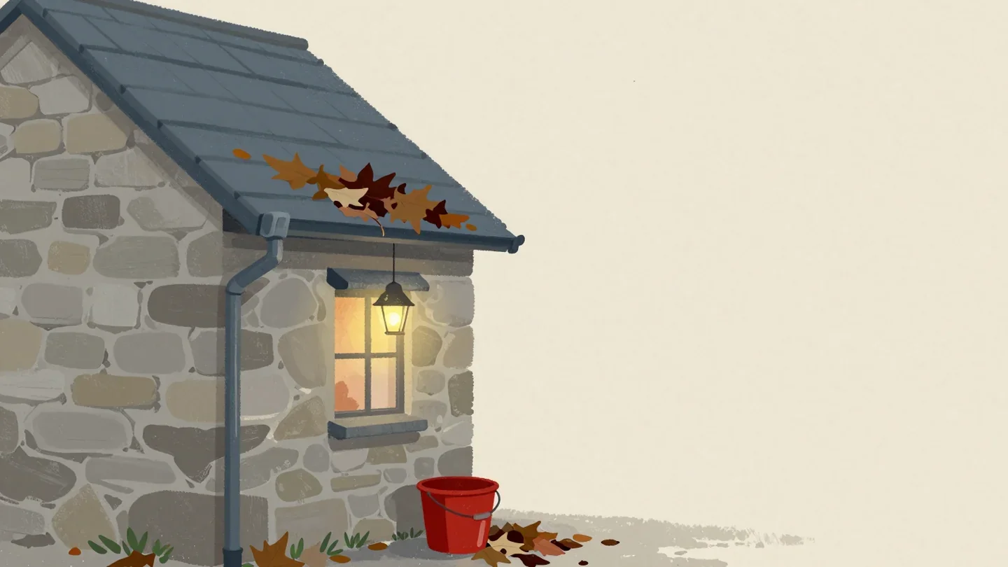 Gouache painting of a leaf-clogged gutter on a stone cottage with a red bucket on the ground catching cleared leaves