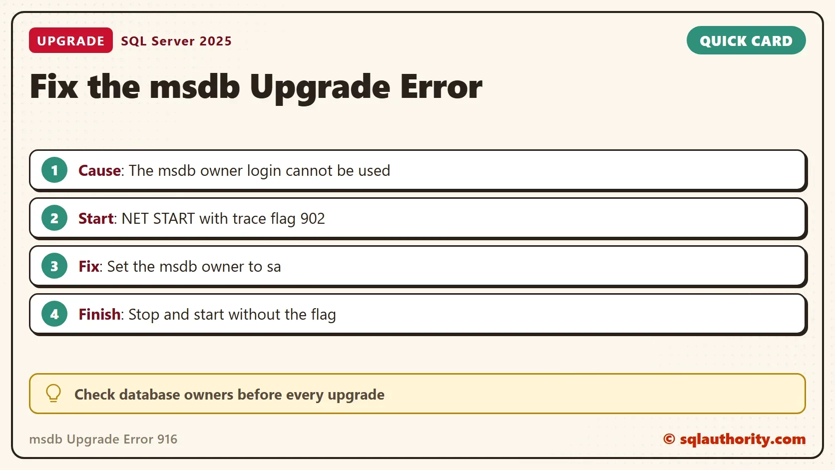 Quick card titled Fix the msdb Upgrade Error: Cause: The msdb owner login cannot be used; Start: NET START with trace flag 902; Fix: Set the msdb owner to sa; Finish: Stop and start without the flag. Tip: Check database owners before every upgrade.