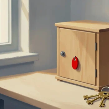 Gouache painting of a shut wooden cabinet with a vermilion key stuck halfway in the keyhole beside a ring of brass keys