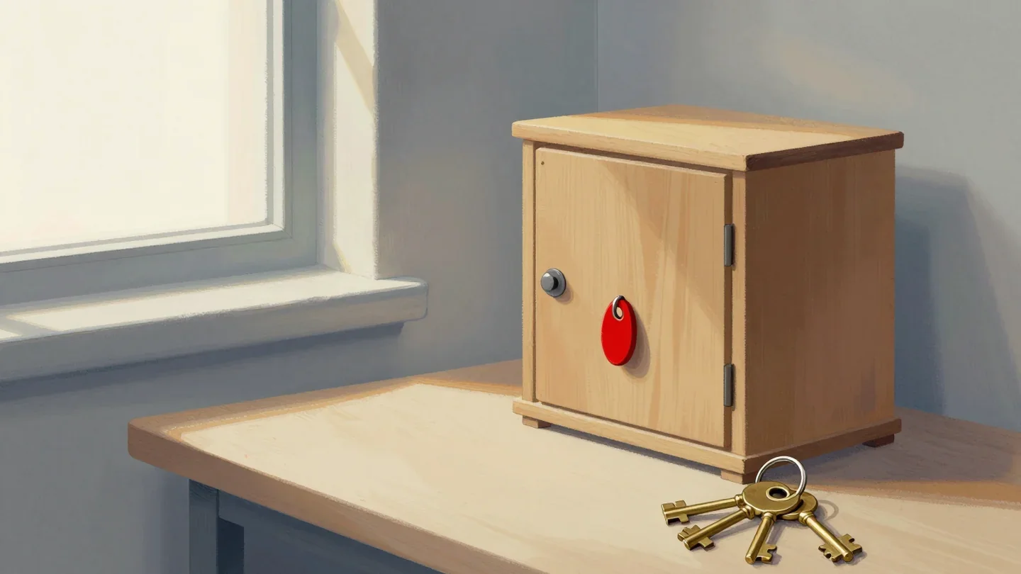Gouache painting of a shut wooden cabinet with a vermilion key stuck halfway in the keyhole beside a ring of brass keys