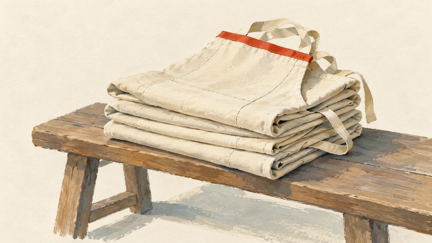 Gouache painting of a neat stack of folded cream work aprons on a wooden bench, the top apron trimmed with a vermilion band