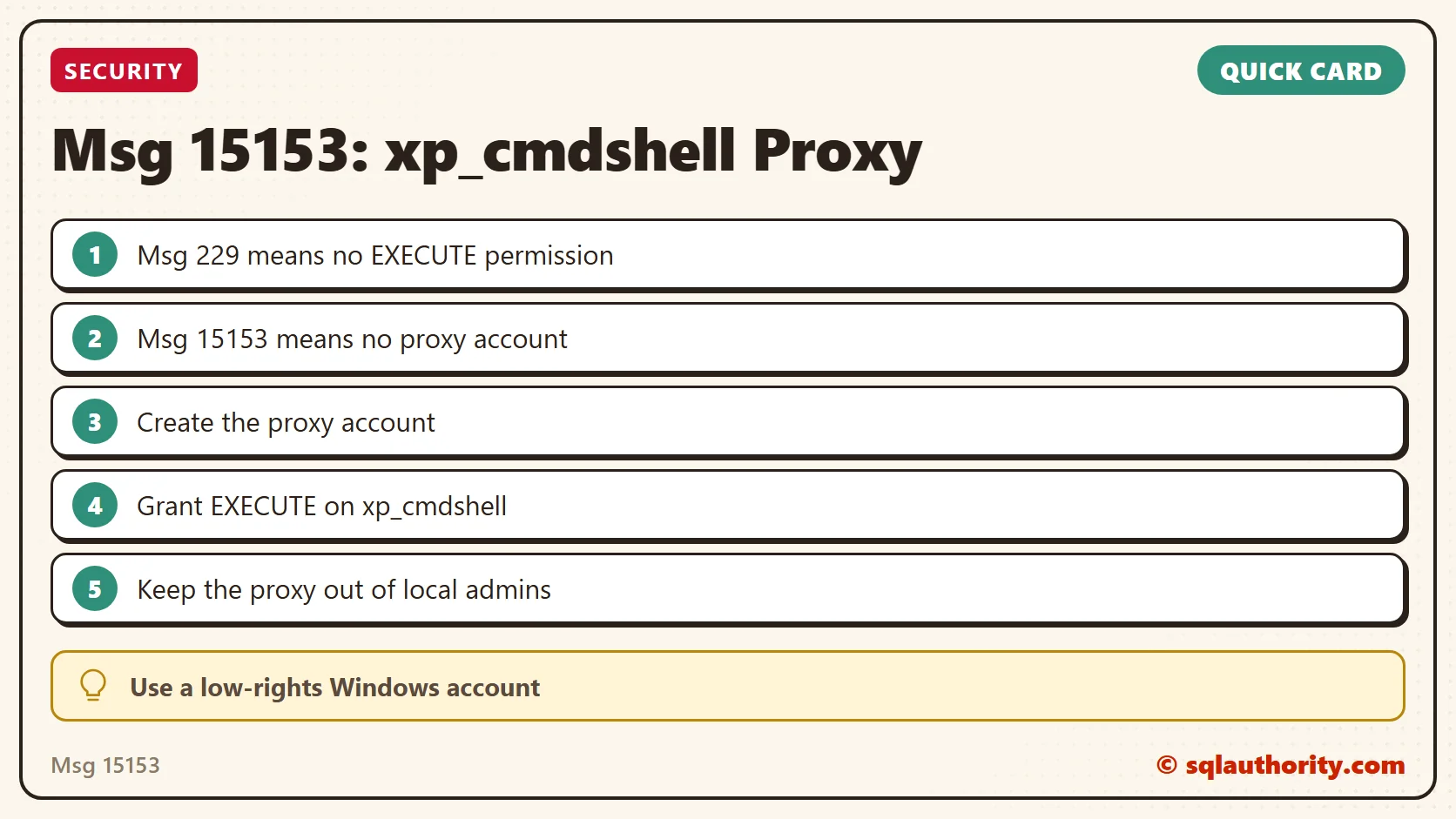 Quick reference card: Msg 15153: xp_cmdshell Proxy