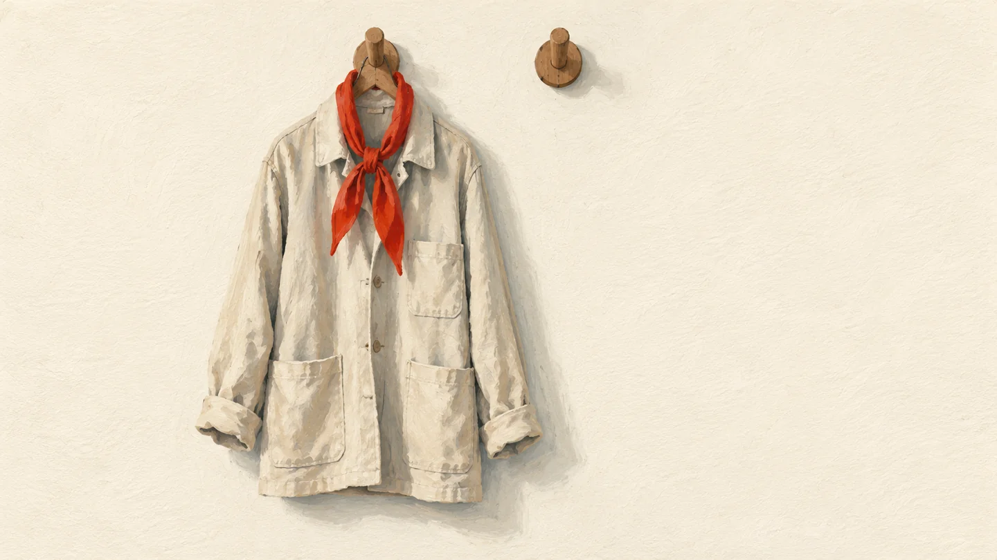 Gouache painting of a plain canvas work coat hanging on a wooden wall peg, a vermilion scarf tied at its collar, the next peg bare