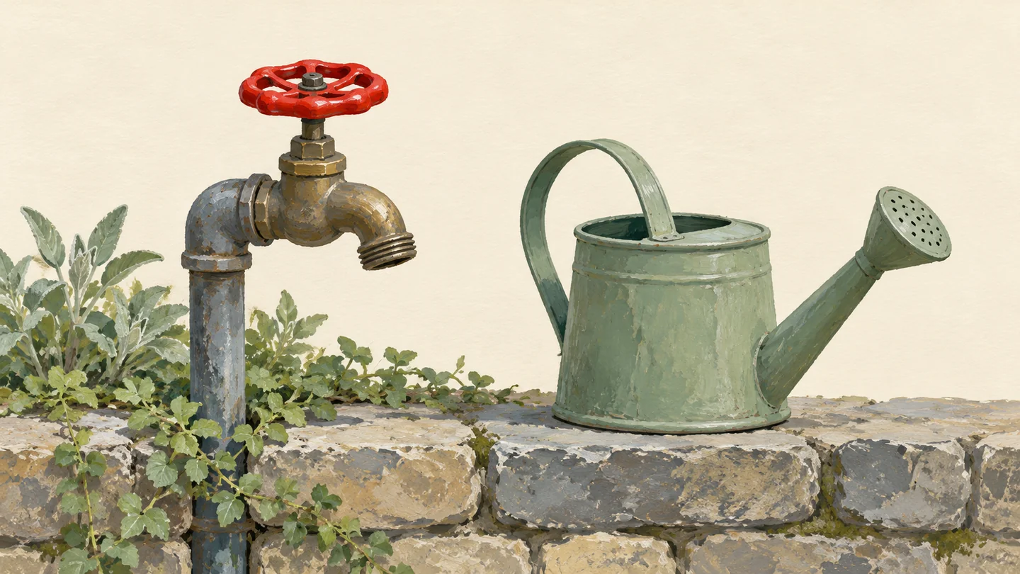Gouache painting of a garden water valve with a round vermilion handwheel, closed, on a low stone wall beside a sage green watering can