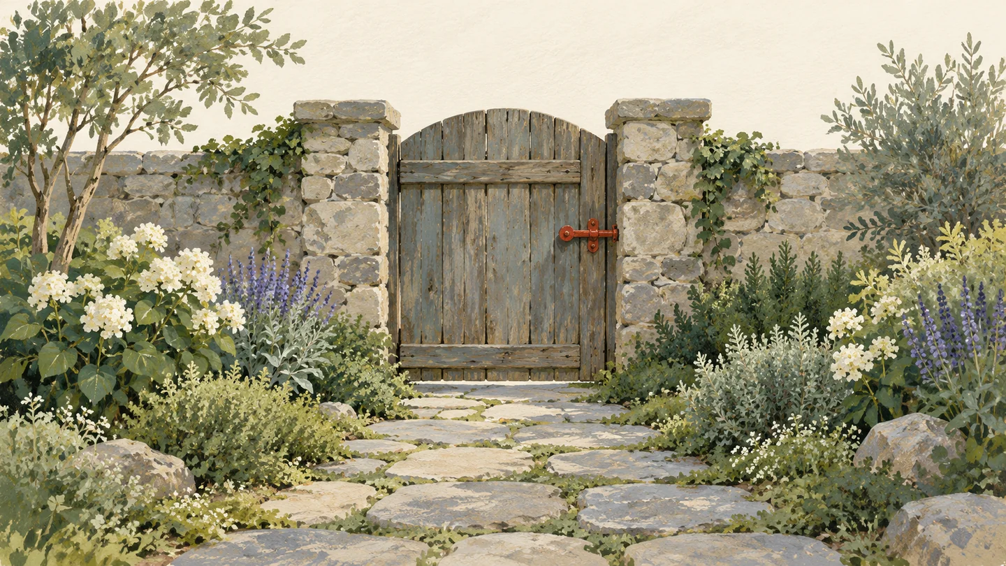 Gouache painting of a closed wooden garden gate in a stone wall, held shut by one small vermilion latch, with a stone path leading up to it