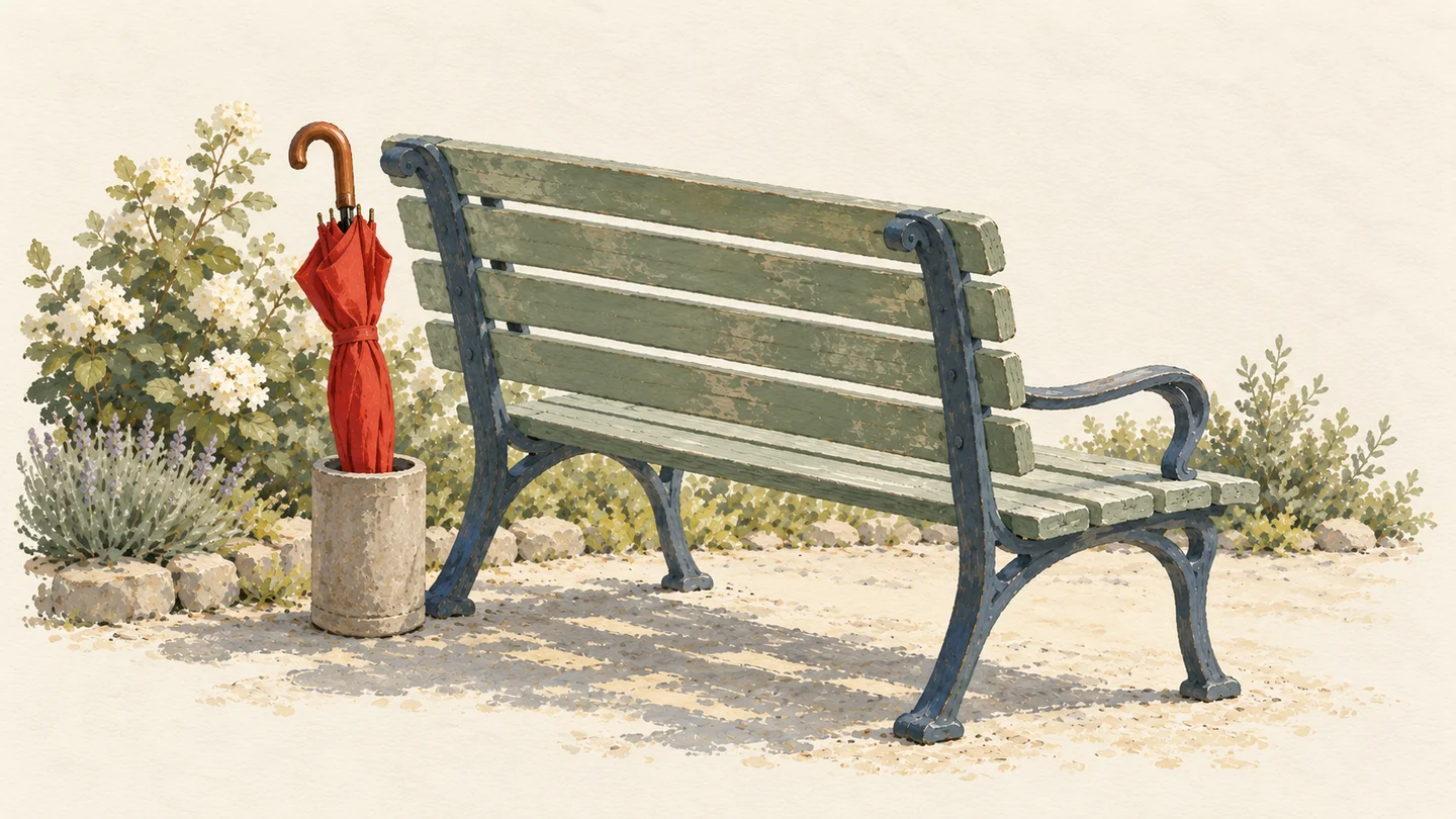 Gouache painting of a clear garden bench with a vermilion umbrella standing in a stand beside it