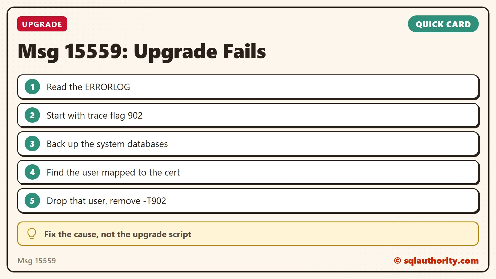 Quick reference card: Msg 15559: Upgrade Fails