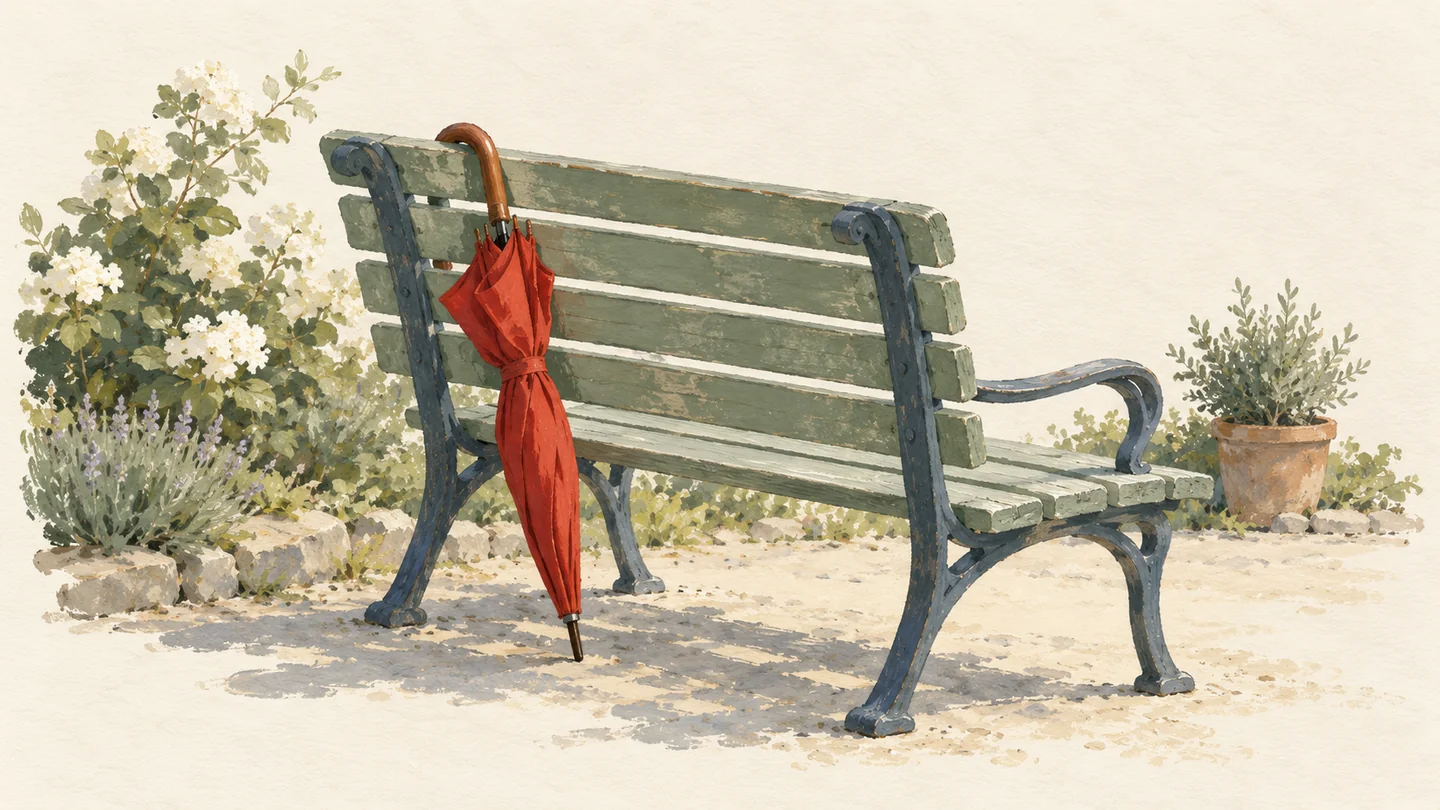 Gouache painting of a garden bench with one forgotten vermilion umbrella hooked over its backrest