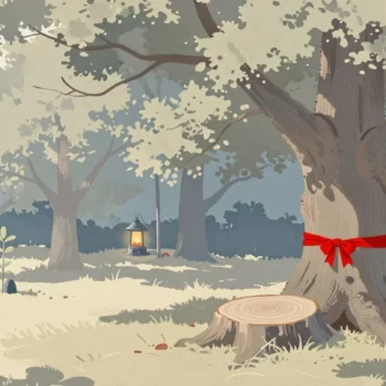 Gouache painting of an old oak with a vermilion ribbon beside a stump showing growth rings, with young saplings nearby