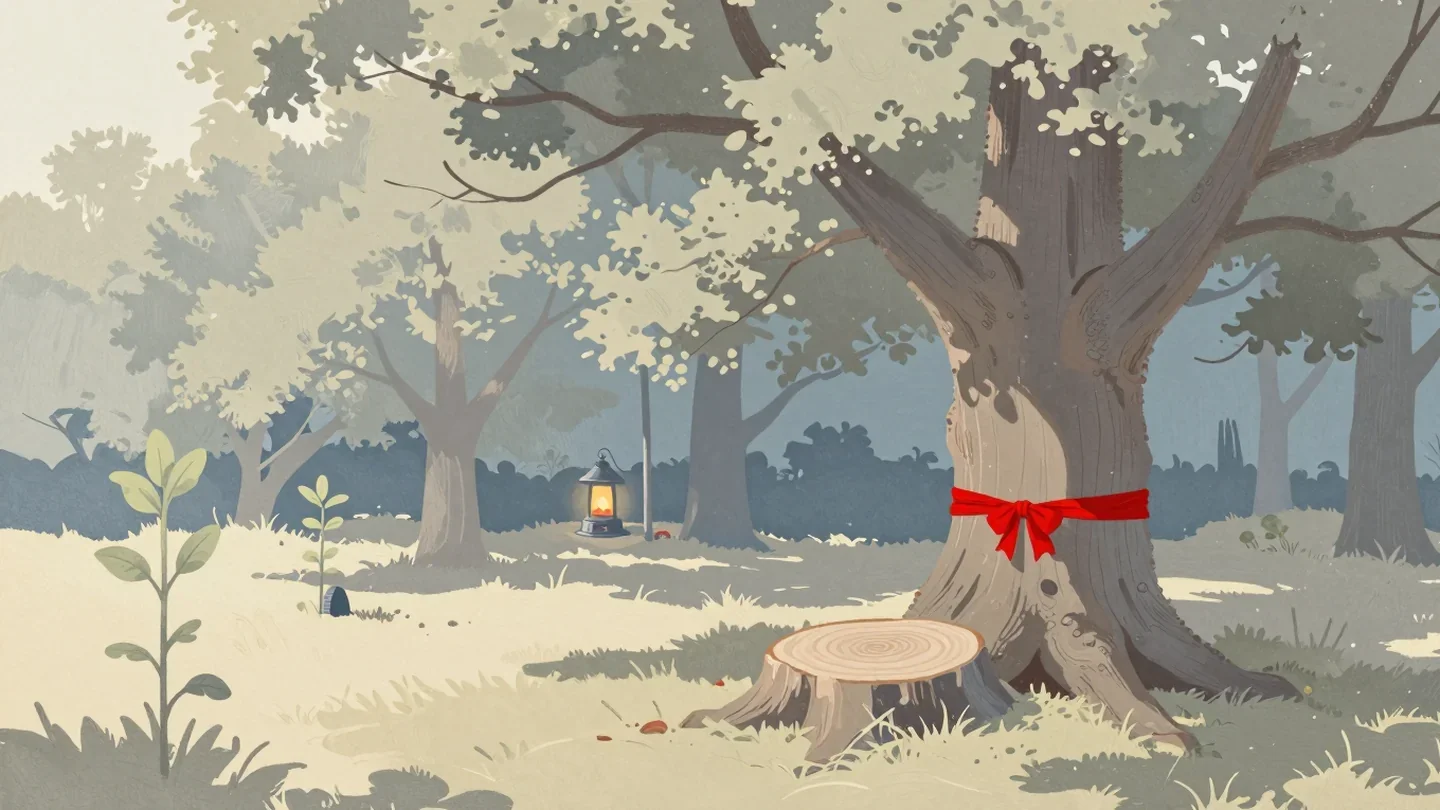 Gouache painting of an old oak with a vermilion ribbon beside a stump showing growth rings, with young saplings nearby