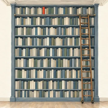 Gouache painting of a floor-to-ceiling wooden bookshelf filled to the very top, one vermilion-spined book on the highest shelf and a rolling ladder beside it