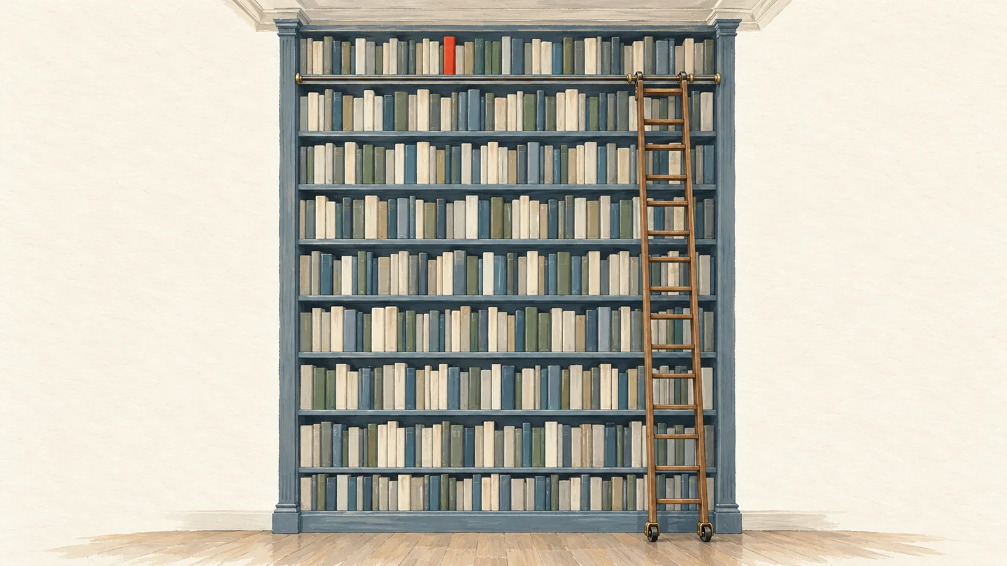 Gouache painting of a floor-to-ceiling wooden bookshelf filled to the very top, one vermilion-spined book on the highest shelf and a rolling ladder beside it
