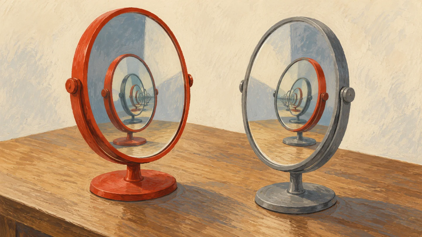 Gouache painting of two small round hand mirrors set face to face on a wooden table, their reflections repeating into a narrowing row, one rim vermilion