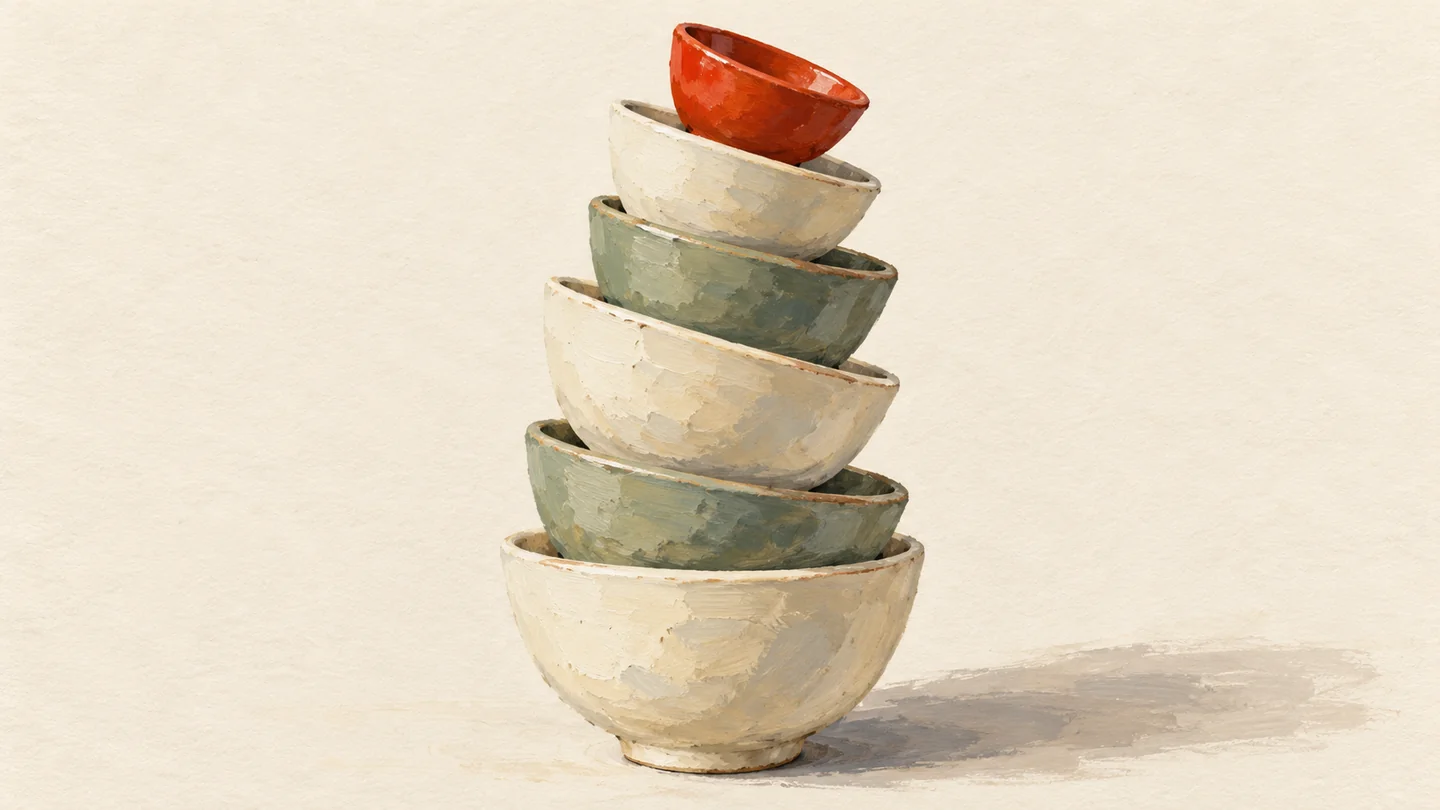 Gouache painting of a tall wobbling tower of nested cream and sage ceramic bowls, the smallest bowl on top painted vermilion