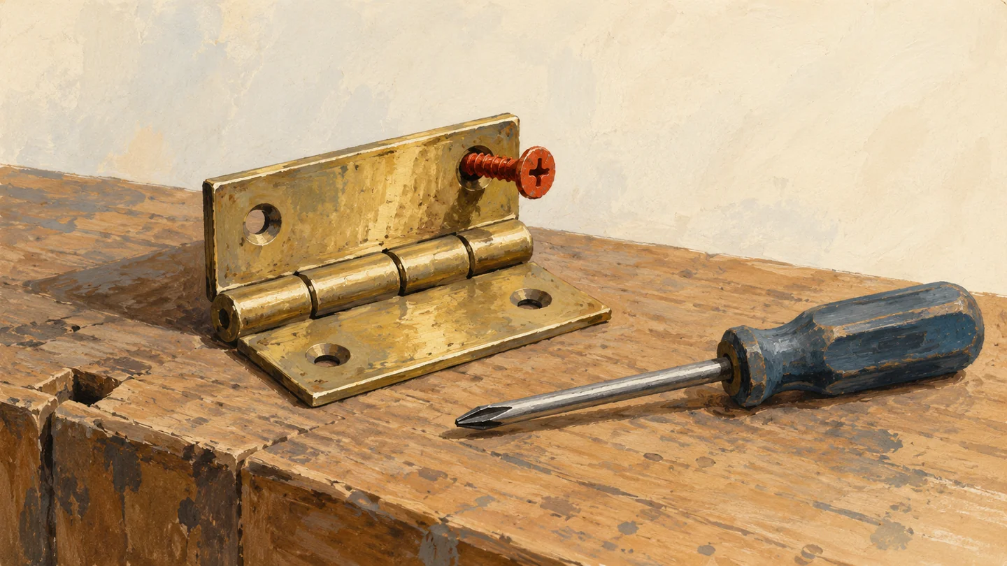 Gouache painting of a small screwdriver and a loosened brass hinge lying on a wooden workbench, one screw painted vermilion