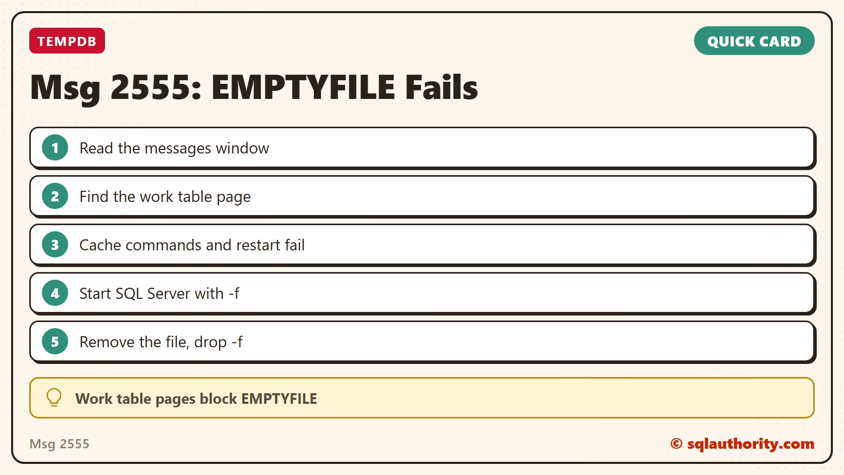 Quick reference card: Msg 2555: EMPTYFILE Fails
