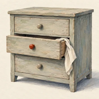 Gouache painting of a wooden chest of drawers with one drawer jammed half open and a cream cloth caught in it, the drawer's knob painted vermilion
