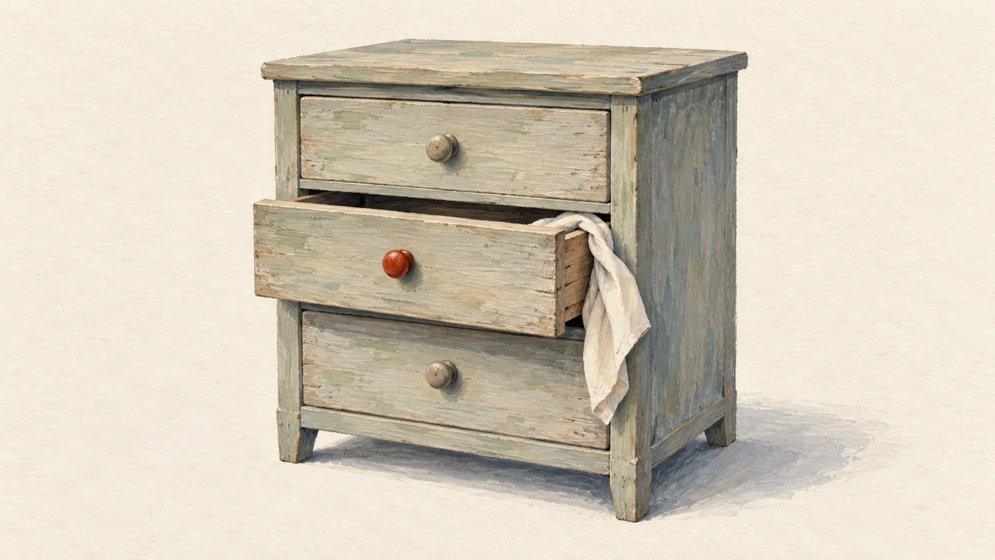 Gouache painting of a wooden chest of drawers with one drawer jammed half open and a cream cloth caught in it, the drawer's knob painted vermilion