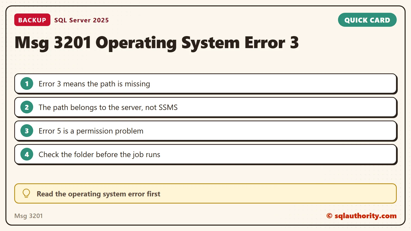 Quick reference card: Msg 3201: Cannot Open Backup Device, Operating System Error 3 in SQL Server