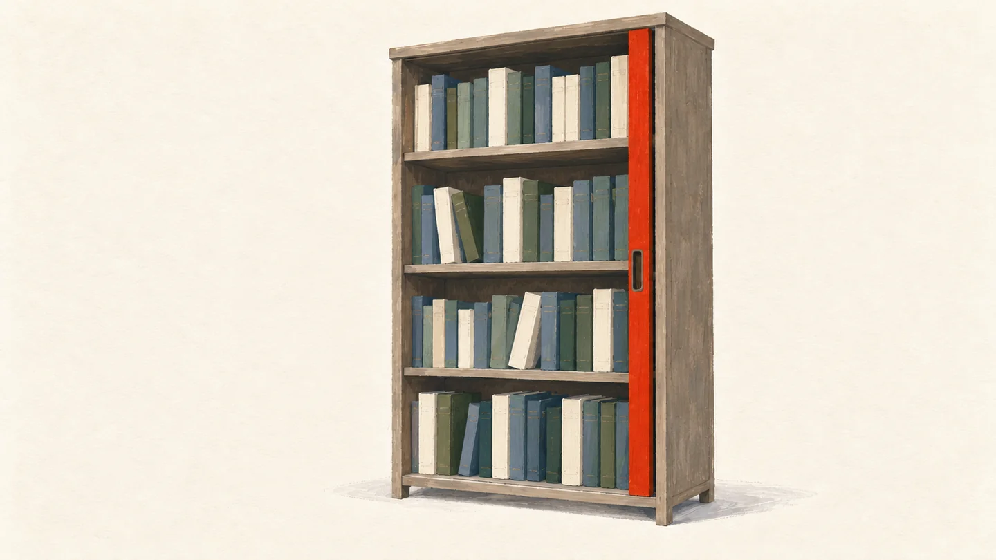 Gouache painting of the same wooden bookshelf with the vermilion divider moved almost to the far end, the stack of books now filling the open shelf