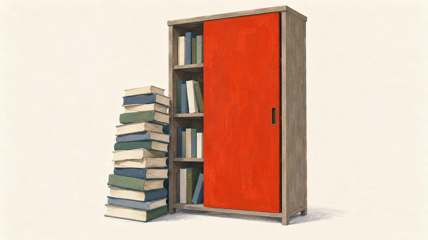 Gouache painting of a wooden bookshelf with a vermilion divider closing off most of its width, a stack of books too wide to fit waiting beside it