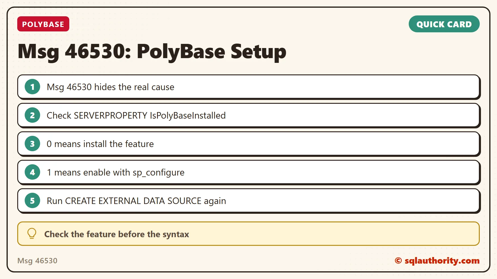 Quick reference card: Msg 46530: PolyBase Setup